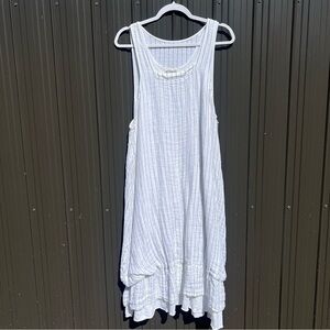 Ellamoda Dress Sleeveless 2 Layer White Pin Stripe Linen Ruffle Trim‎ Lagenlook